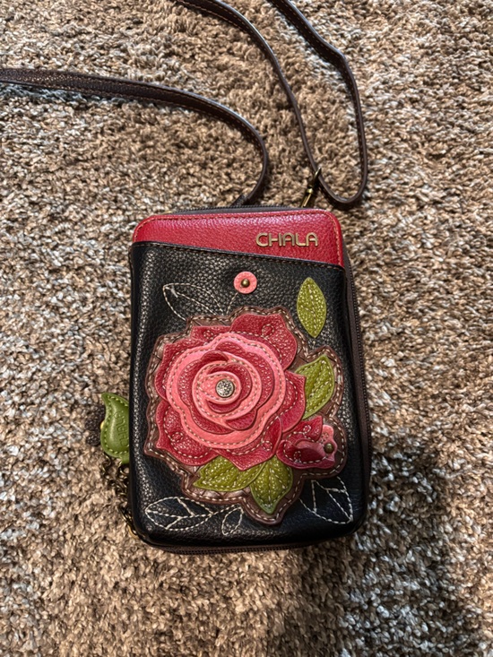 Chala Handbags - Chala Black Crossbody with Pink Rose Applique and Green Leaves